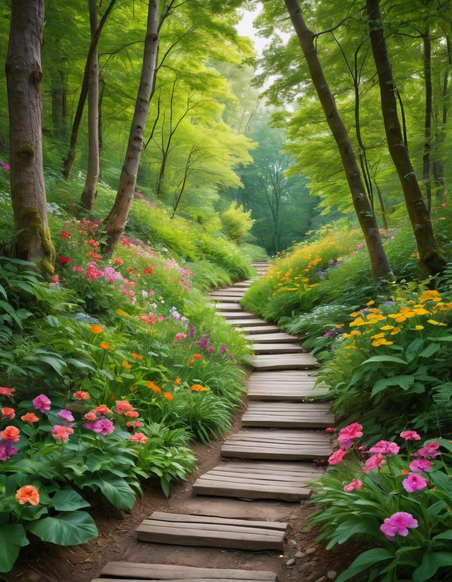 A serene pathway winding through a lush green forest, symbolizing recovery and hope. Alongside the path, colorful flowers bloom, representing innovative treatments, while soft light filters through the trees, creating a warm and inviting atmosphere. Include supportive figures, such as a therapist and a caregiver, walking alongside a person on the path. A gentle stream flows nearby, adding to the sense of tranquility. vibrant colors. painting.