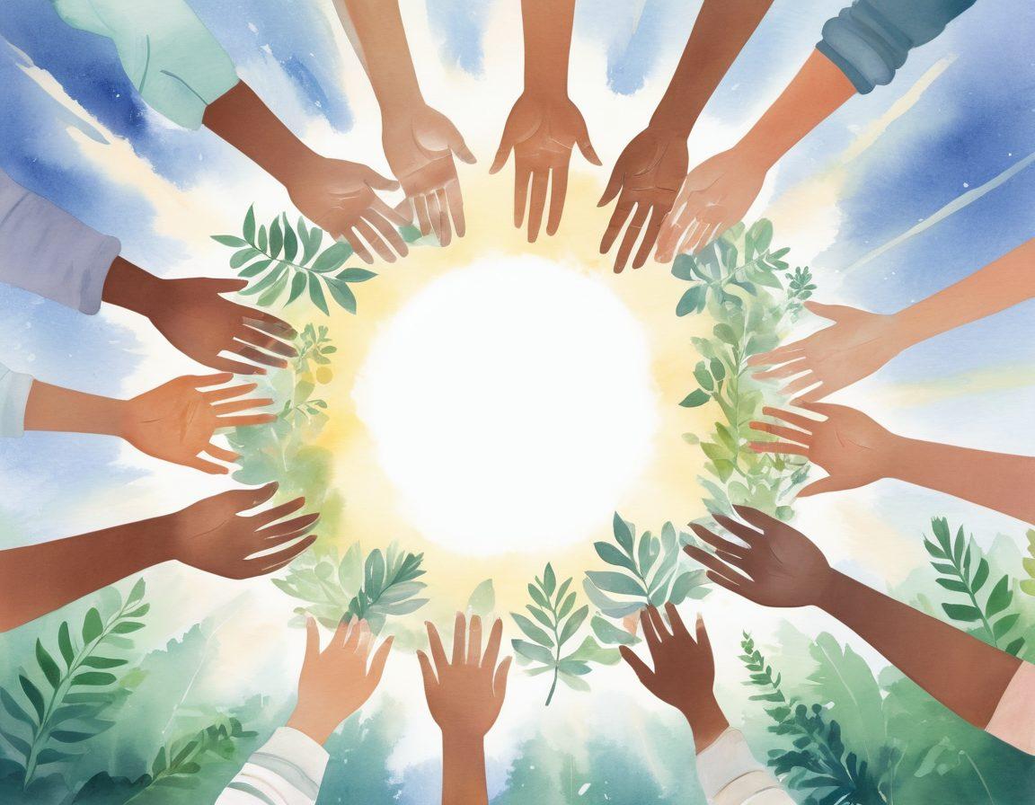 A serene and hopeful illustration depicting a diverse group of individuals standing together in a circle, each holding a symbol of wellness like a leafy plant, a healing crystal, and a supportive hand. In the background, soft rays of sunlight break through clouds, representing hope and innovative treatments. Include elements of nature like blooming flowers and a gentle path leading forward. Watercolor style with soft, soothing colors that evoke calm and support.