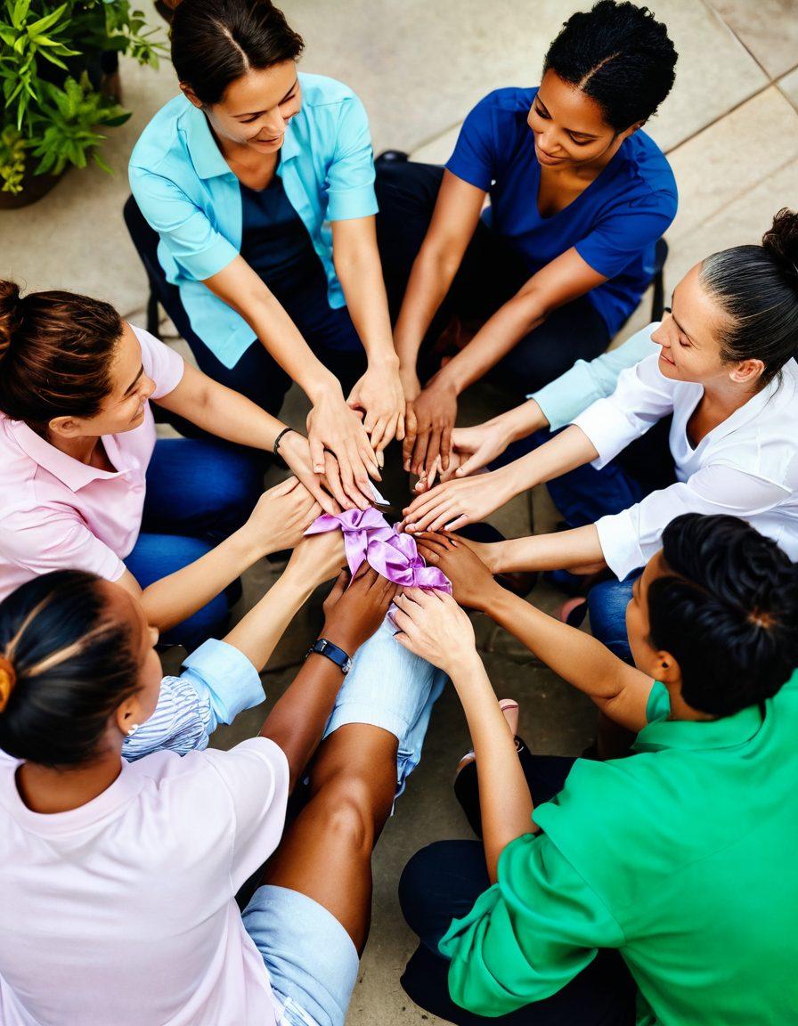 A diverse group of people of various ages and ethnicities are gathered in a circle, sharing their stories and support regarding cancer. Include comforting elements like soft cushions and plants in the background, highlighting a warm community atmosphere. Incorporate symbols of advocacy like ribbons and lifestyle choices like healthy food options in their hands. The setting should be bright and inspiring, symbolizing hope and resilience. vibrant colors. super-realistic.
